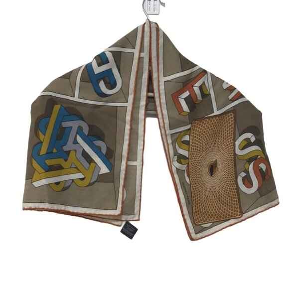 Auth HERMES Calle H100 - Beige Dark Brown Multi Cashmere Silk Scarf - Picture 1 of 7